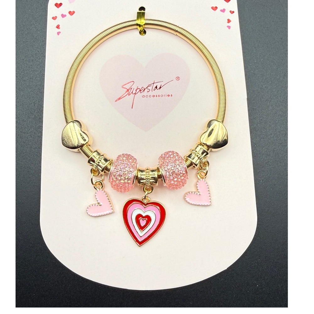 Gold‎ Tone Heart Charm Bracelet Pink Enamel Rhinestone Beads